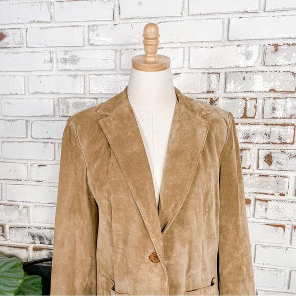 Alfani Neutral Tan Leather Petite Button Closure Long Sleeve Blazer Jacket M - Picture 2 of 9